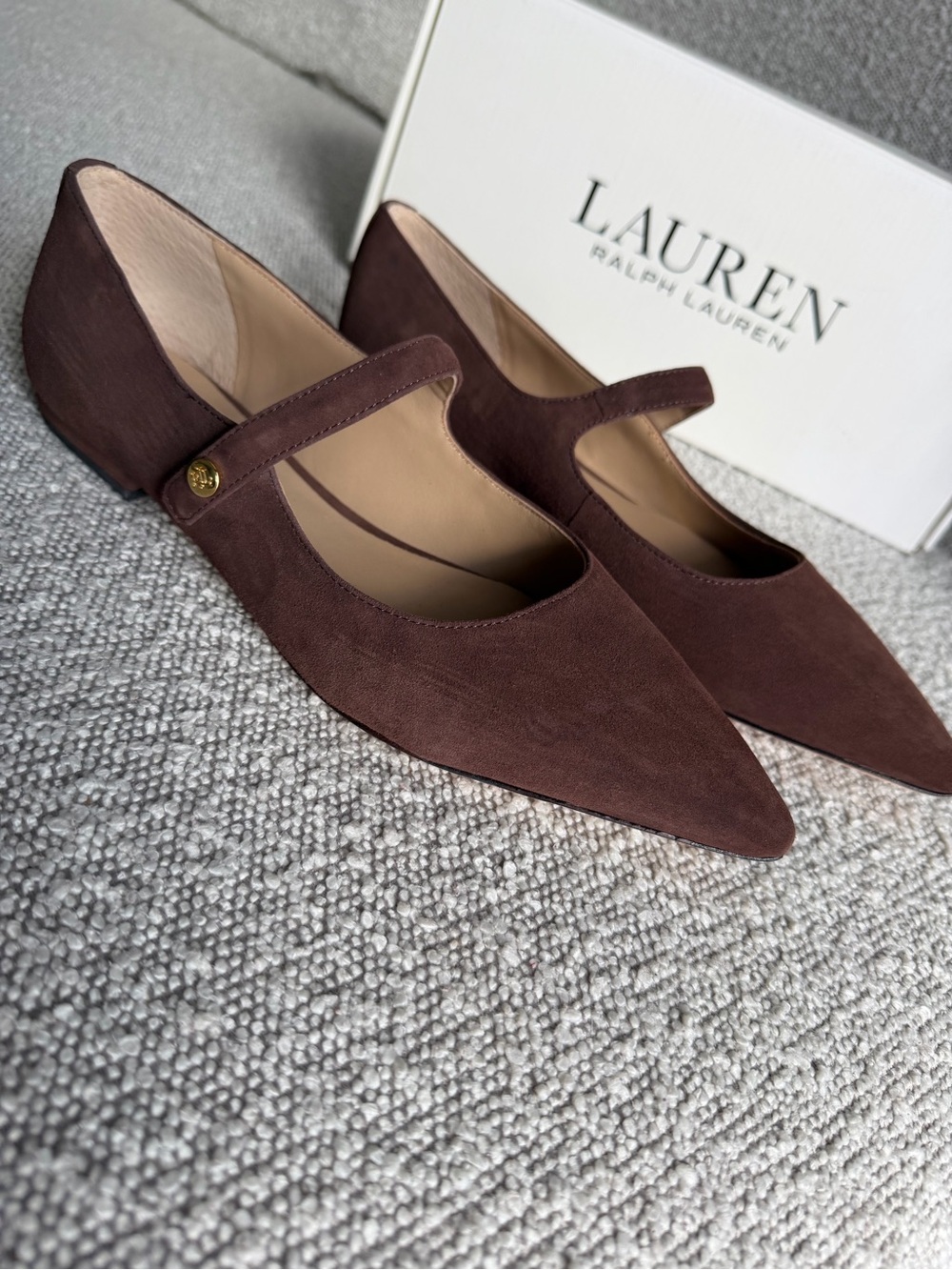 Lauren Ralph Lauren Suede Mary Jane Pointed Toe Flats Brown